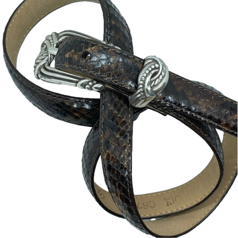 BRIGHTON Brown Snakeskin Leather Slim Belt with Silver Buckle with Detail